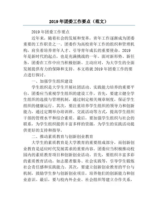 2019年团委工作要点(范文)