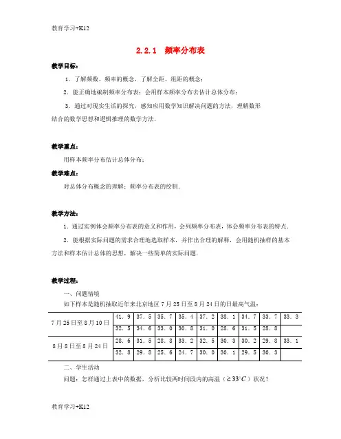 【教育专用】高中数学第二章统计2.2.1频率分布表教案苏教版必修3