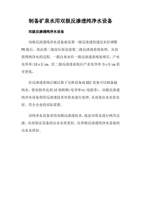 制备矿泉水用双极反渗透纯净水设备