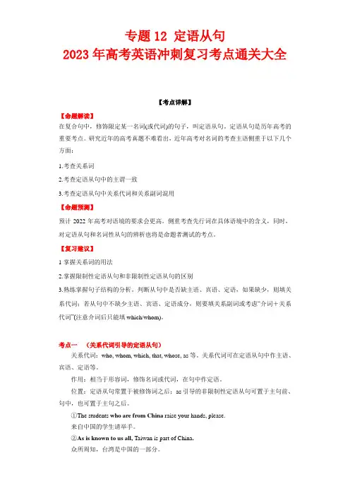 高考英语语法冲刺专题12 定语从句
