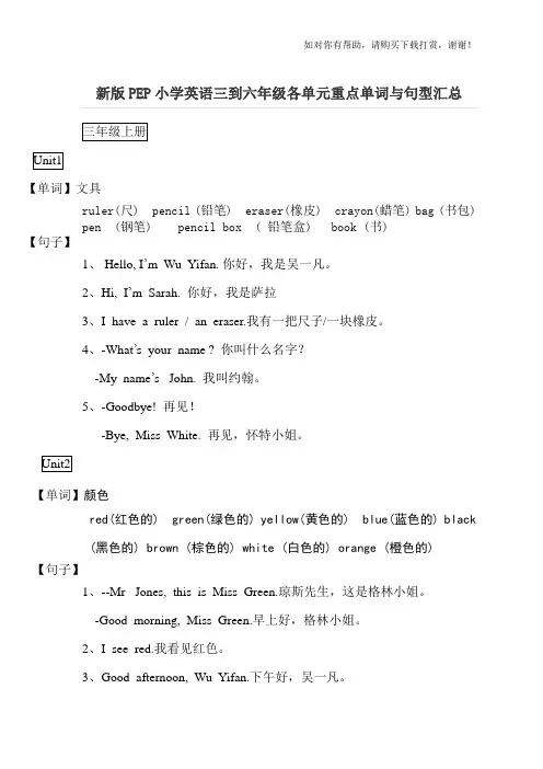 新版PEP小学英语三到六年级各单元重点单词与句型汇总