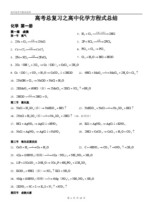 人教版高中化学方程式总结(绝对全)