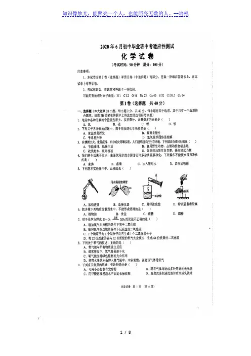 广西南宁市2020年6月初中毕业班中考适应性测试化学试题(扫描版含答案)