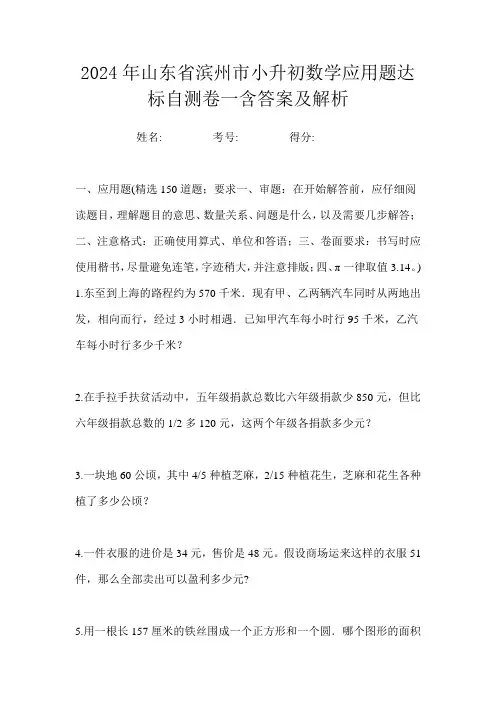 2024年山东省滨州市小升初数学应用题达标自测卷一含答案及解析