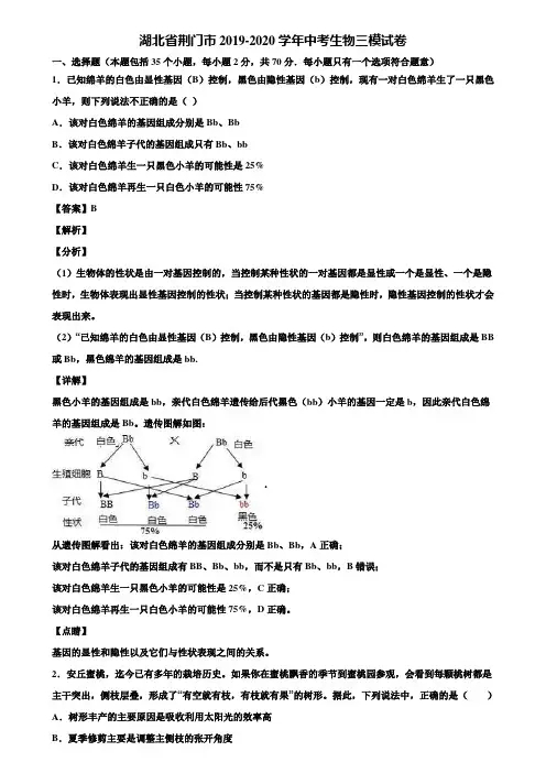 湖北省荆门市2019-2020学年中考生物三模试卷含解析