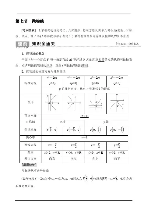 2020版新一线高考理科数学一轮复习教学案：第8章第7节抛物线含答案
