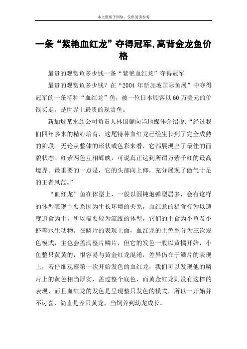一条“紫艳血红龙”夺得冠军,高背金龙鱼价格