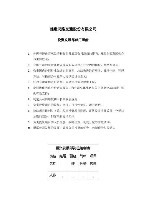 西藏天路交通股份有限公司投资发展部-0327
