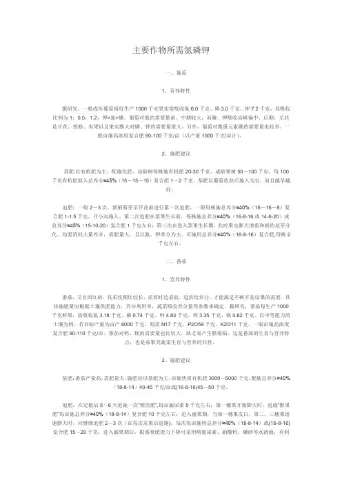 主要作物所需N、P、K比例