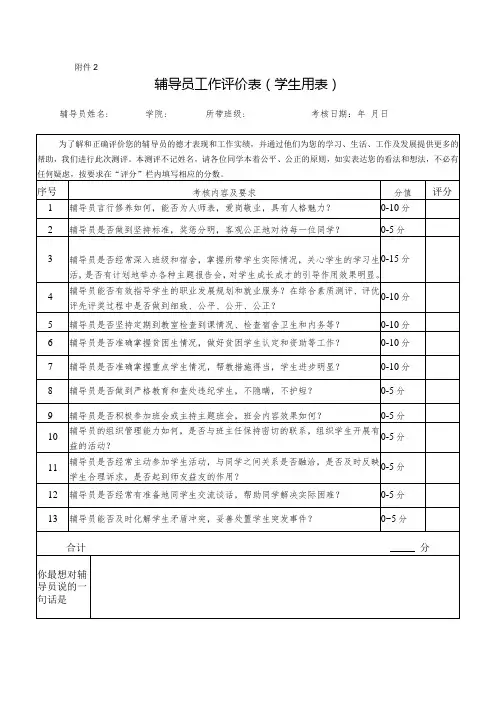 辅导员工作评价表(学生用表)