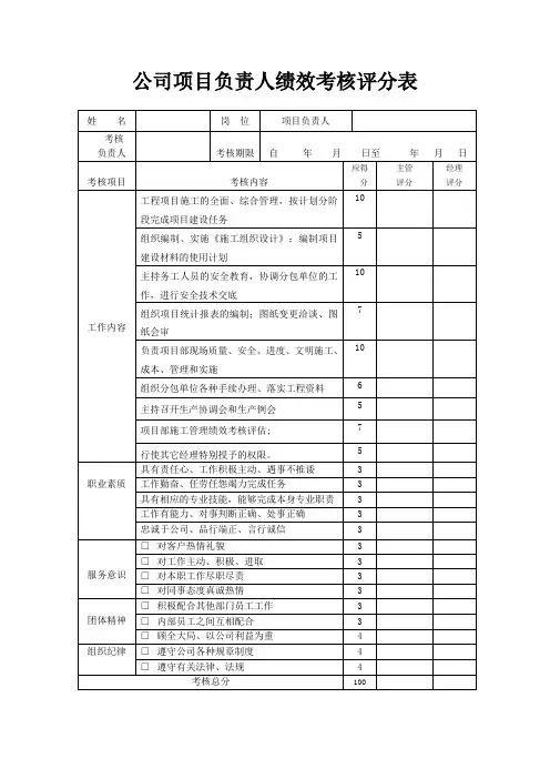 公司项目负责人绩效考核评分表