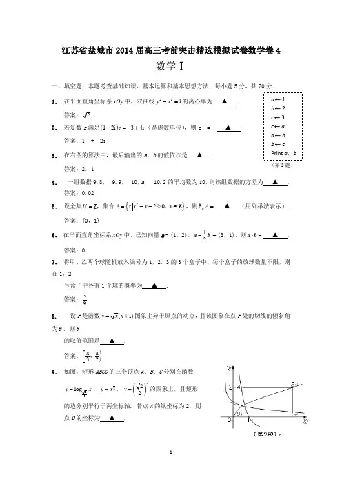 盐城市2014届高三考前突击精选模拟试卷数学卷4
