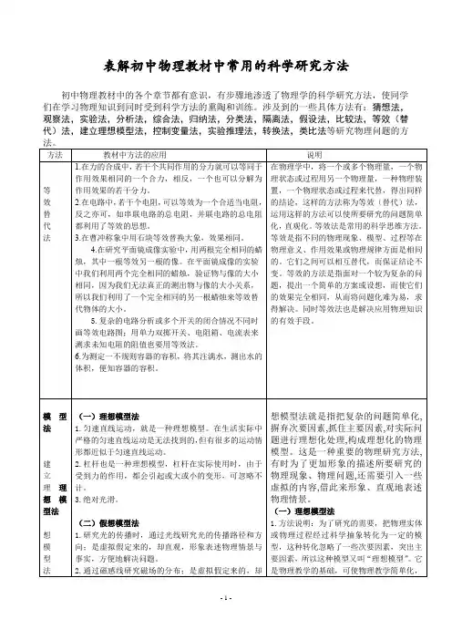 表解初中物理教材中常用的科学研究方法