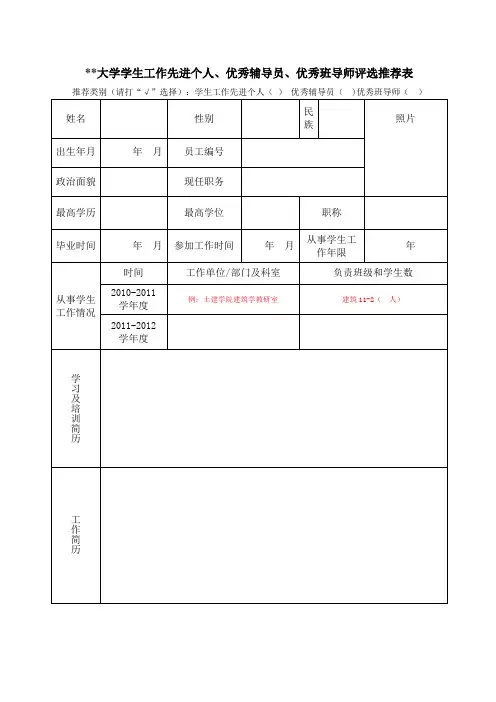 桂林理工大学学生工作先进个人、优秀辅导员、优秀班导师评选推荐表【模板】