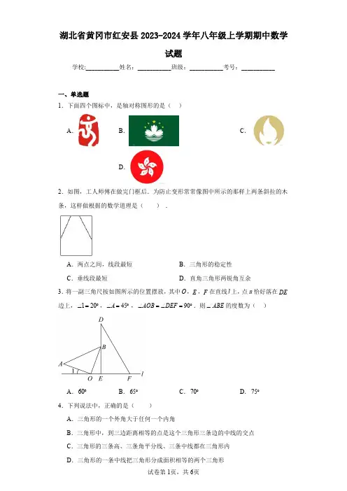 湖北省黄冈市红安县2023-2024学年八年级上学期期中数学试题