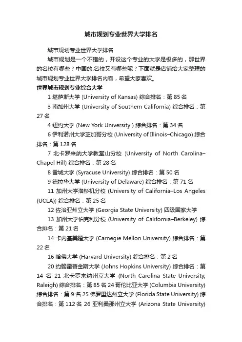 城市规划专业世界大学排名
