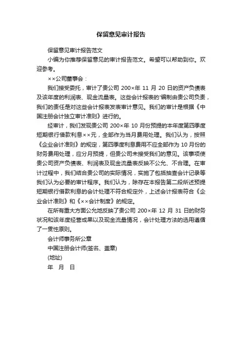 保留意见审计报告