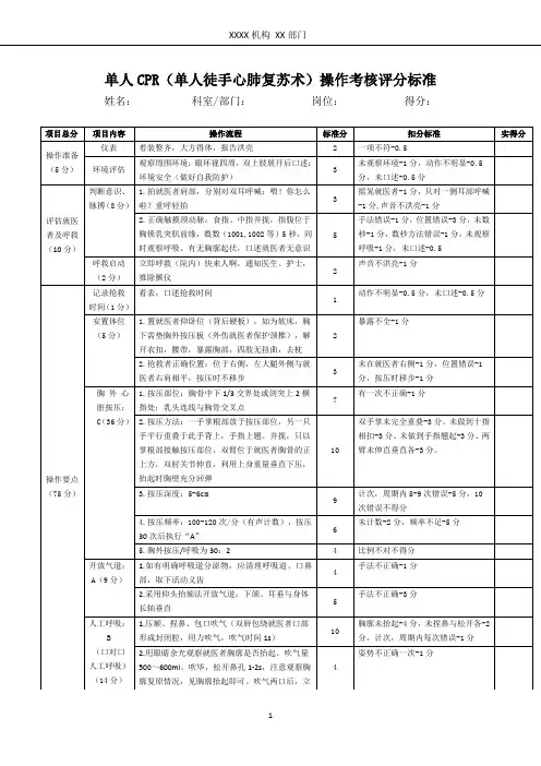 单人CPR(单人徒手心肺复苏术)操作考核评分标准