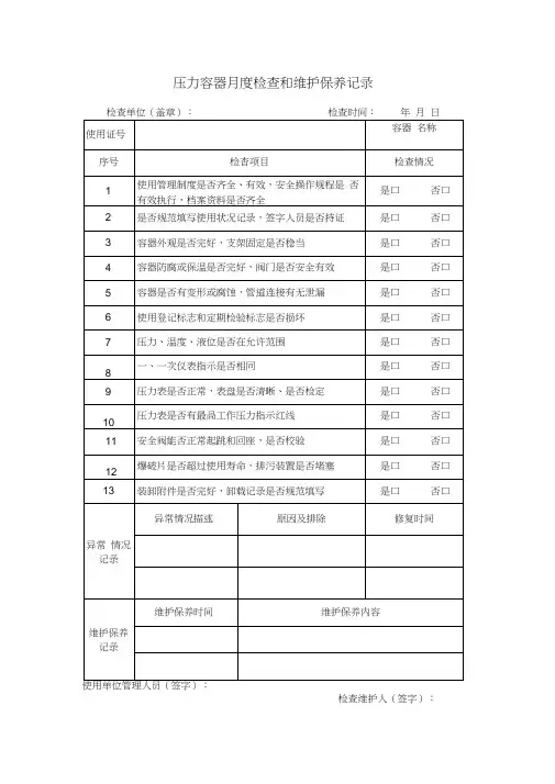压力容器月度检查和维护保养记录表