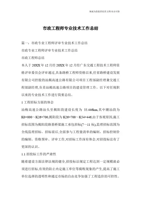 市政工程师专业技术工作总结
