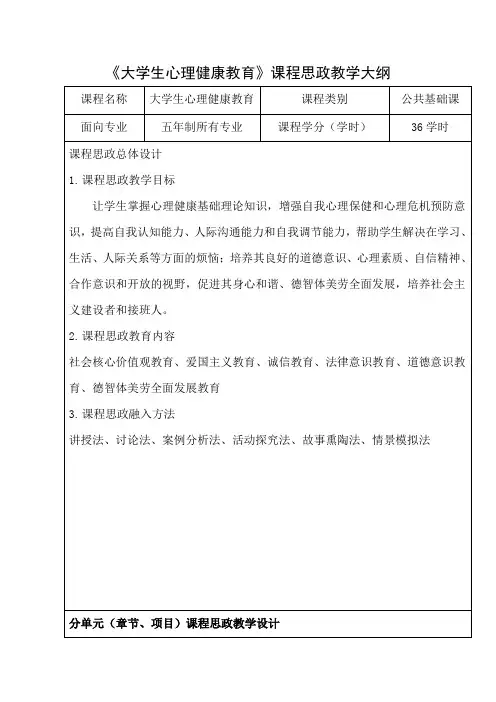 《大学生心理健康教育》课程思政教学大纲