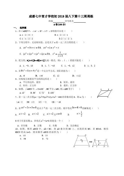 成都七中育才学校初2019届八下数学《第13周周练》试卷(含答案)