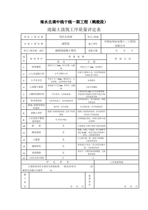 混凝土浇筑工序质量评定表