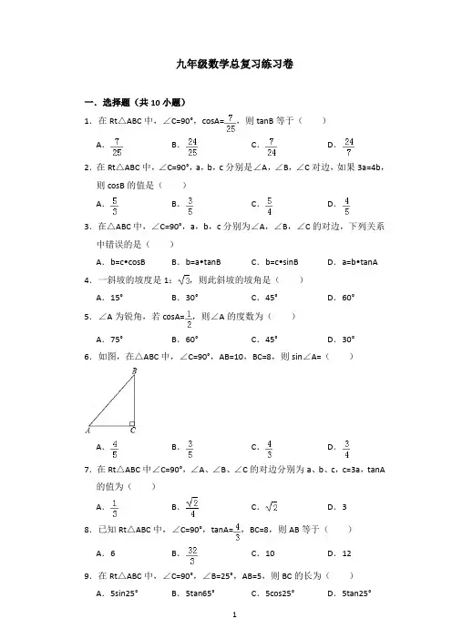 (word完整版)九年级数学总复习试卷及参考答案