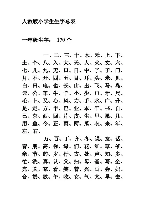 人教版小学生生字总表一年级二年级三年级四年级五年级六年级一到六年级1-6年级生字表秒杀其他生字表