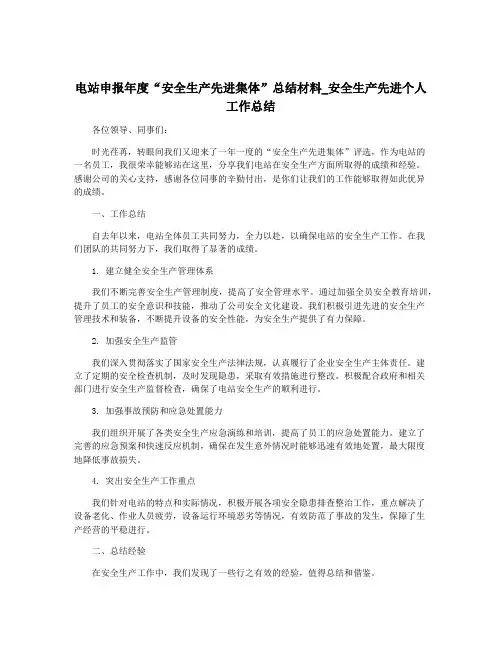 电站申报年度“安全生产先进集体”总结材料_安全生产先进个人工作总结