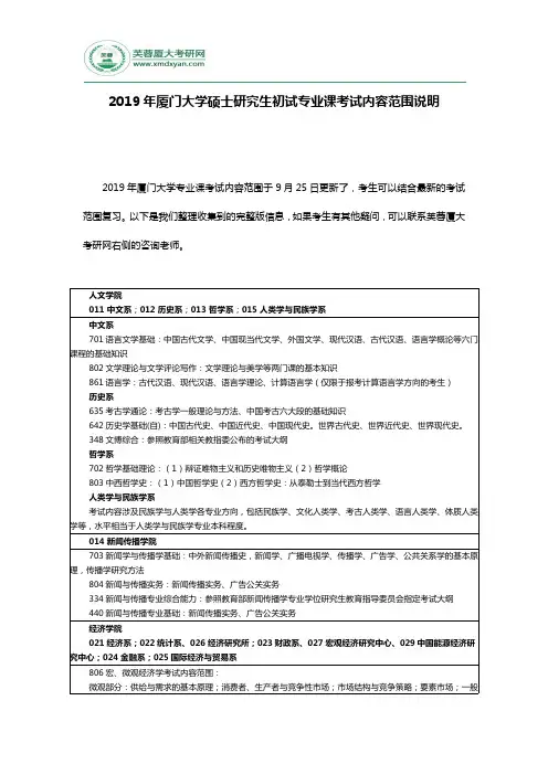 2019年厦门大学硕士研究生初试专业课考试内容范围说明