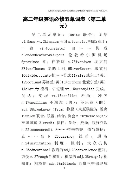 高二年级英语必修五单词表第二单元