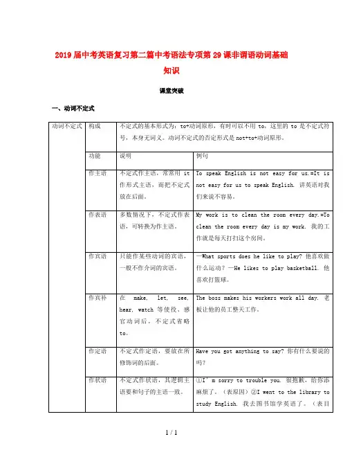 2019届中考英语复习第二篇中考语法专项第29课非谓语动词基础知识