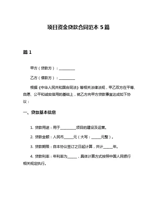 项目资金贷款合同范本5篇