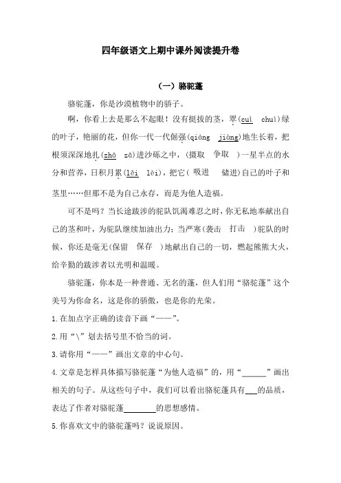 四年级语文上期中课外阅读提升卷3含答案  人教统编版
