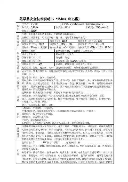 化学品安全技术说明书 MSDS( 环己酮)
