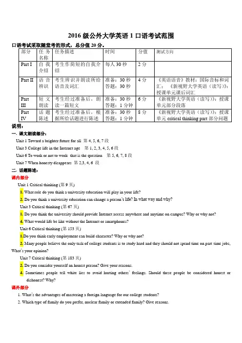 2016级大学英语1期末口试题型