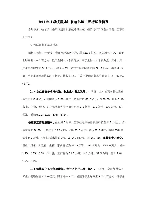 2014年1季度黑龙江省哈尔滨市经济运行情况