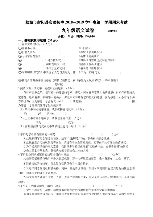 盐城市射阳县实验初中2018—2019学年度第一学期期末考试九年级语文(含答案)
