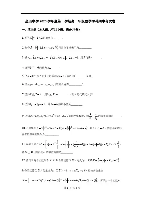 上海市金山中学2020-2021学年高一上学期期中考试数学试题 Word版含答案
