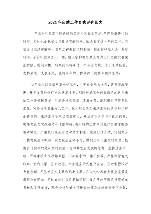2024年出纳工作自我评价范文(四篇)