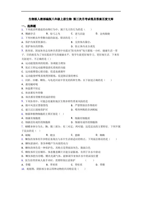 生物版人教部编版八年级上册生物 第三次月考试卷及答案百度文库
