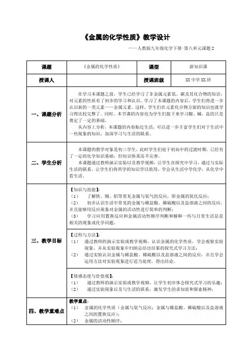(完整版)人教版化学--金属的化学性质教学设计(教案)