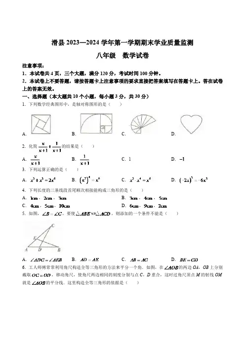河南省安阳市滑县2023-2024学年八年级上学期期末学业质量监测数学试卷(含答案)