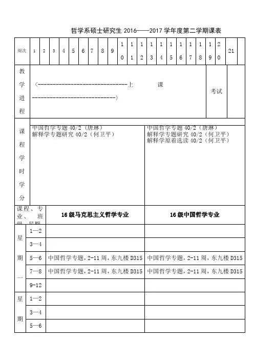 哲学系硕士研究生2016——2017学年度第二学期课表