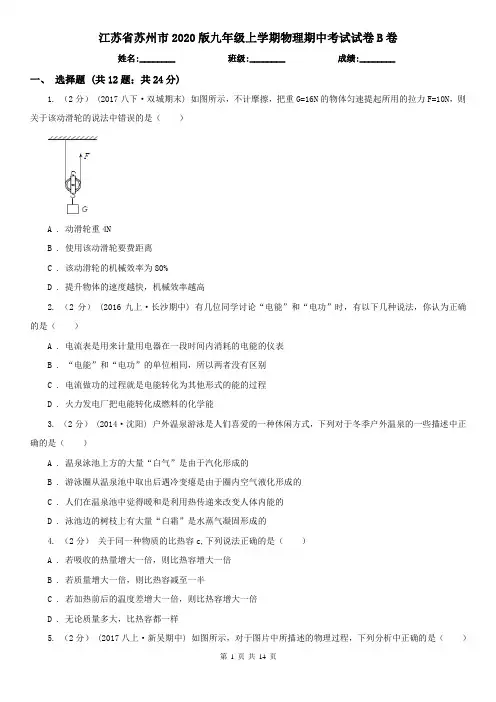 江苏省苏州市2020版九年级上学期物理期中考试试卷B卷