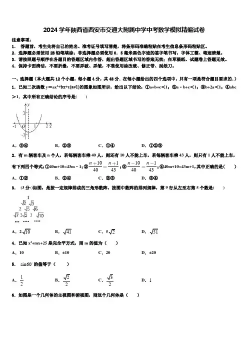 2024届陕西省西安市交通大附属中学中考数学模拟精编试卷含解析