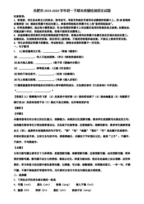 合肥市2019-2020学年初一下期末质量检测语文试题含解析