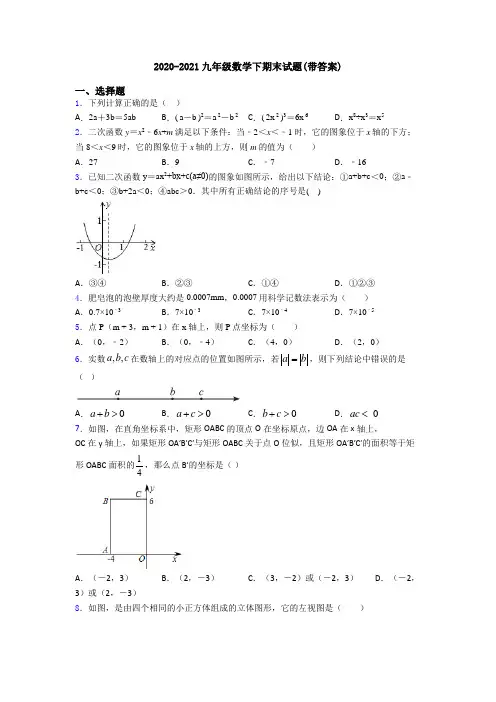 2020-2021九年级数学下期末试题(带答案)