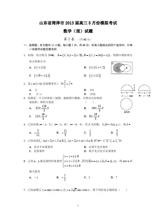 【数学】山东省菏泽市2013届高三5月份模拟考试(理)